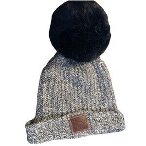 Love Your Melon Knit Beanie Hat Black & White Xl Faux Fur Pom Pom Black Casual
